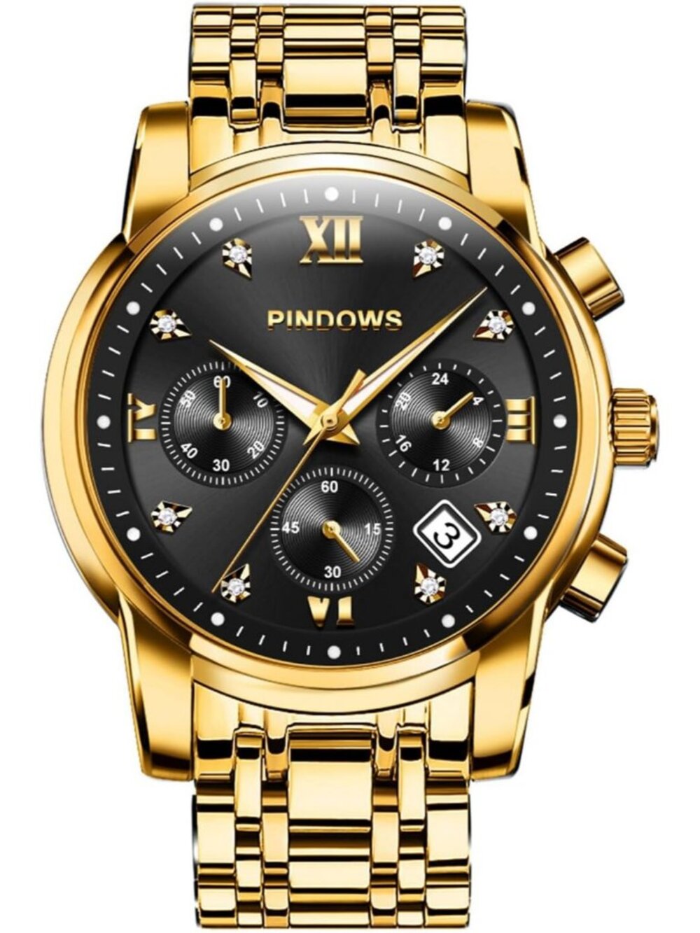 Men's Black Gold Classic Quartz Watch Stainless Steel Diamond Dial Wrist Watch